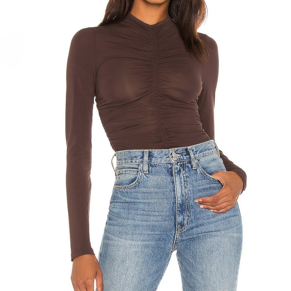 REVOLVE Brown Ruched Long Sleeve Mock Neck Top